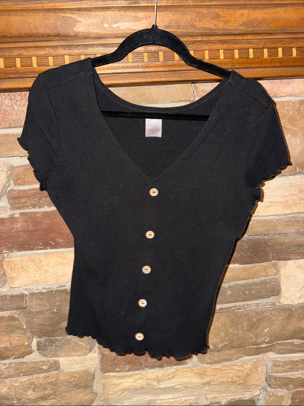No Boundaries Black Ribbed Button-Front V-Neck Top